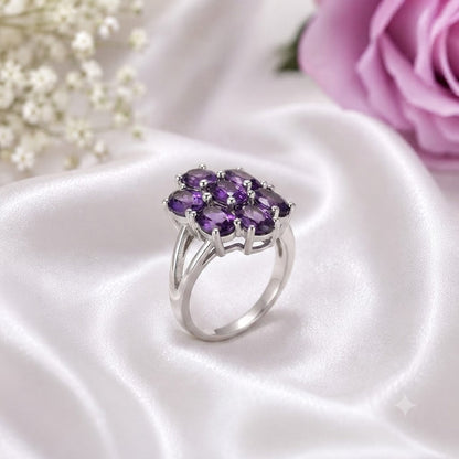 Oval Amethyst Cluster Ring in Authentic 925 Sterling Silver for Women
