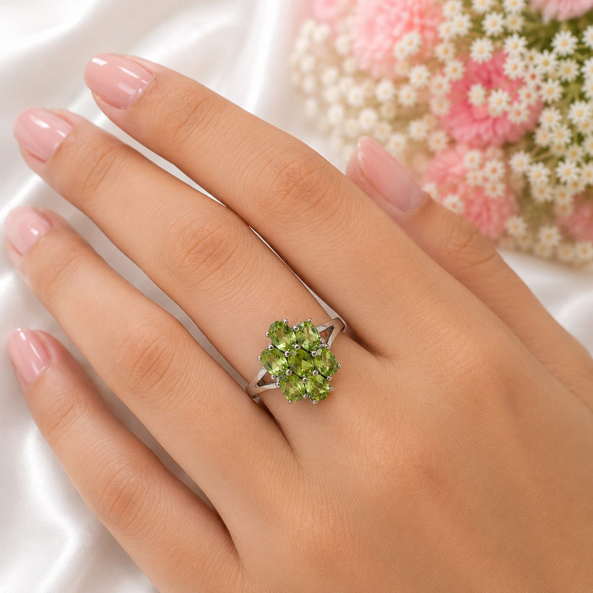 Radiant Peridot Cluster Floral Ring in 925 Sterling Silver
