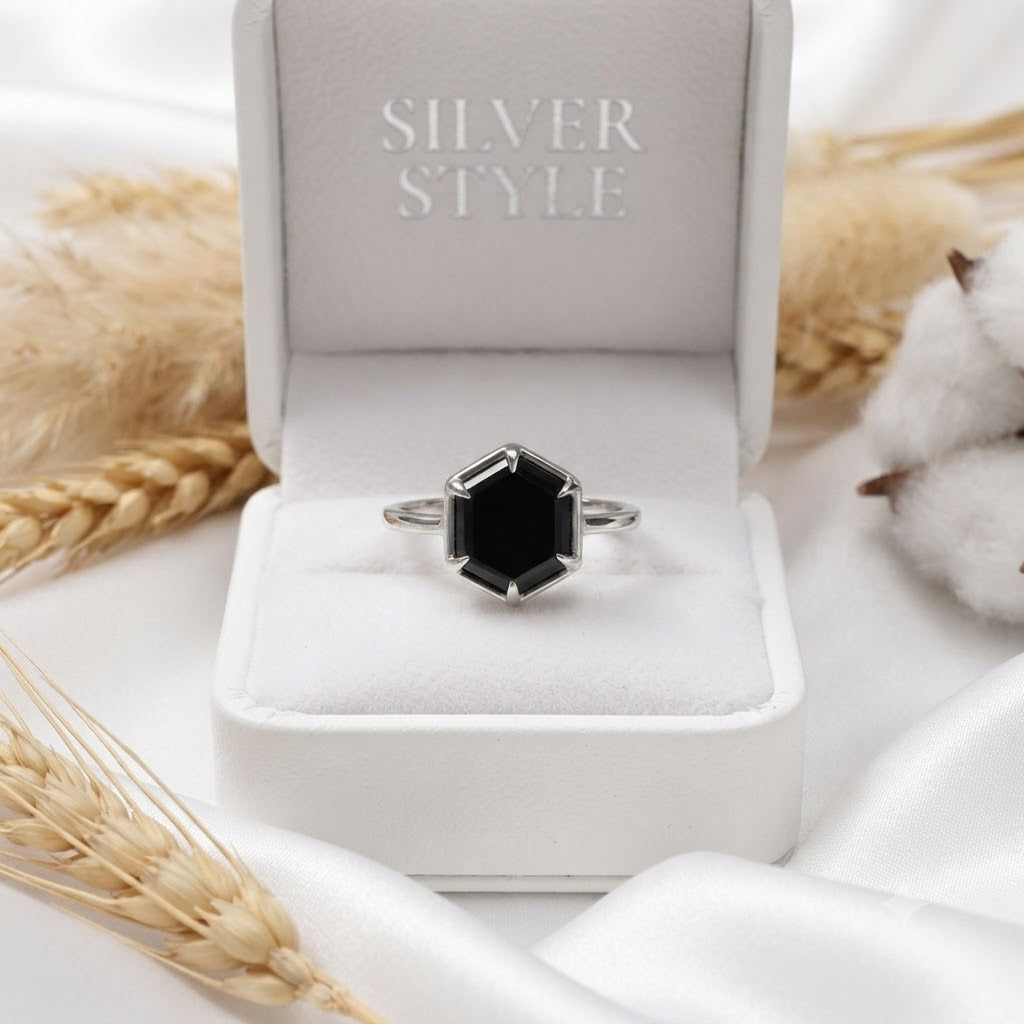 Black Onyx Hexagon Ring 925 Sterling Silver Jewelry featuring Black Onyx gemstone.