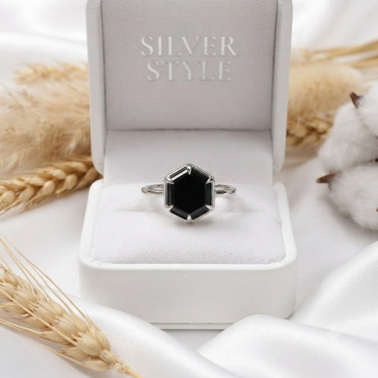 Black Onyx Hexagon Ring 925 Sterling Silver Jewelry featuring Black Onyx gemstone.