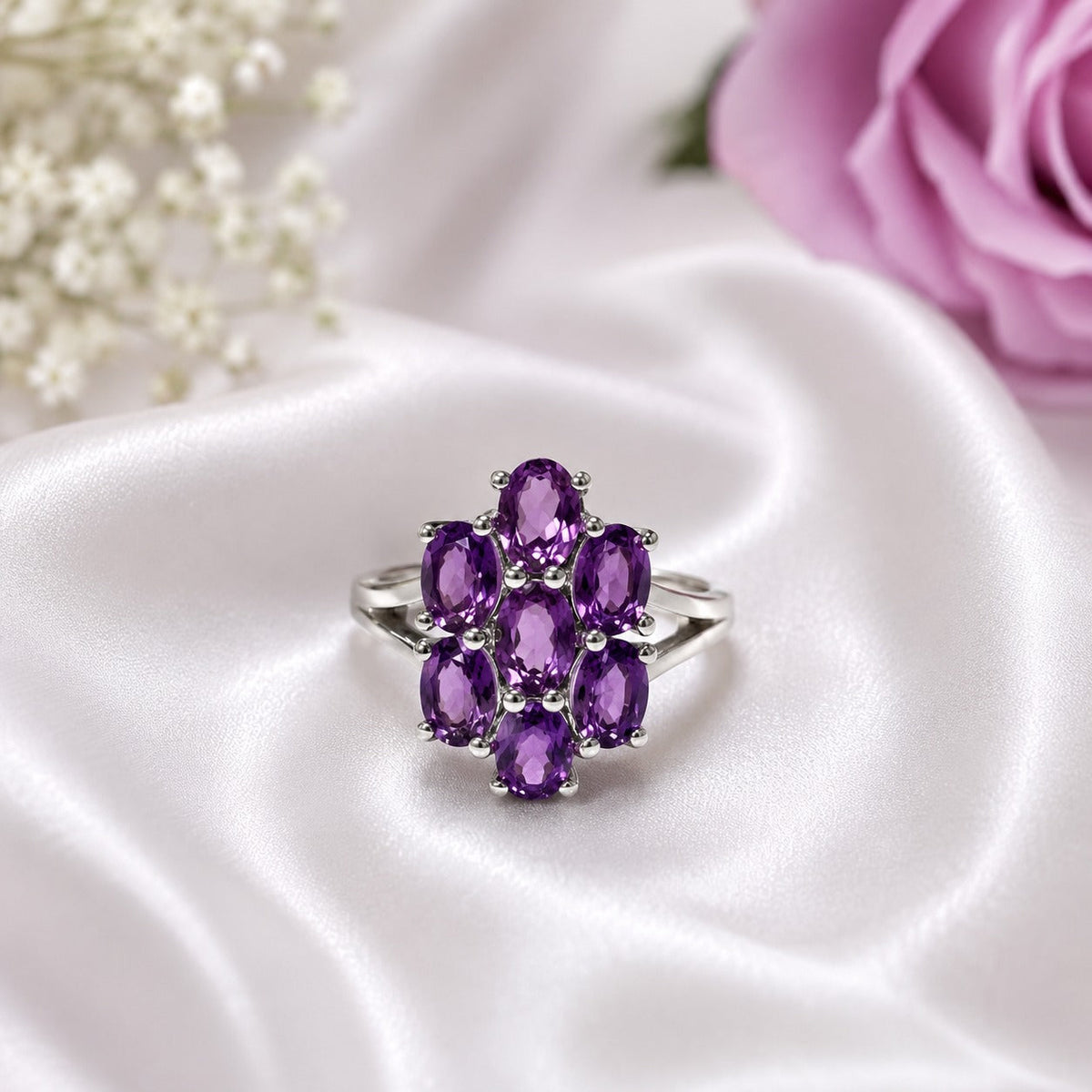 Oval Amethyst Cluster Ring in Authentic 925 Sterling Silver for Women