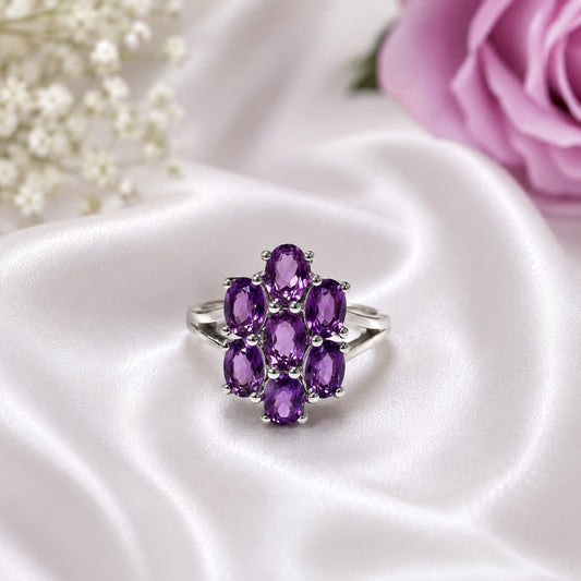 Oval Amethyst Cluster Ring in Authentic 925 Sterling Silver for Women