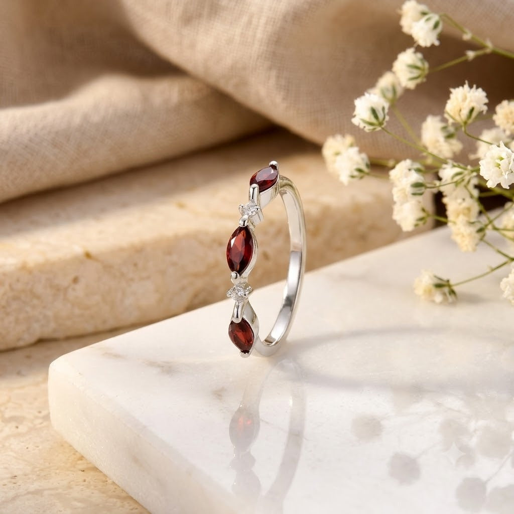 Marquise Garnet Ring 925 Sterling Silver