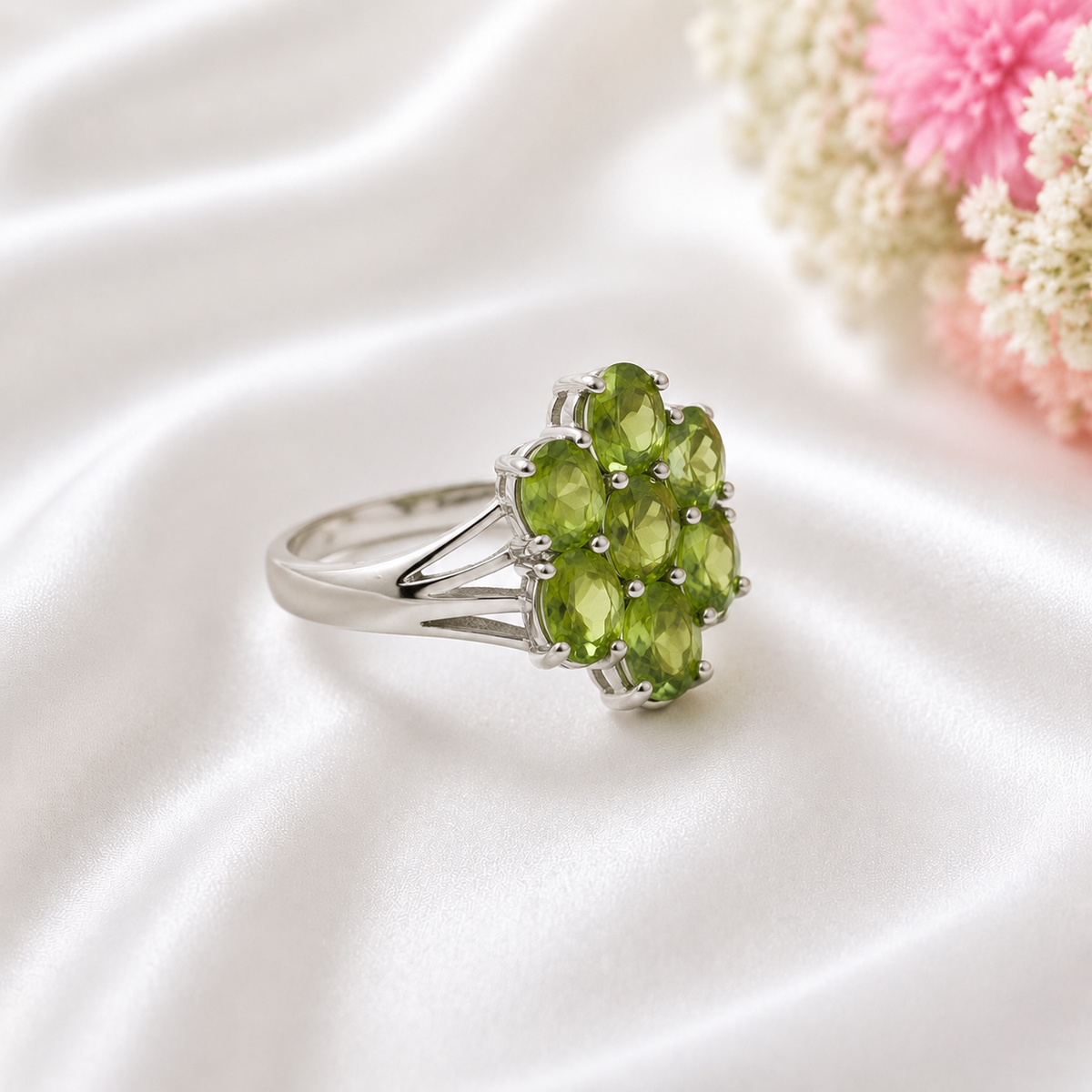 Radiant Peridot Cluster Floral Ring in 925 Sterling Silver