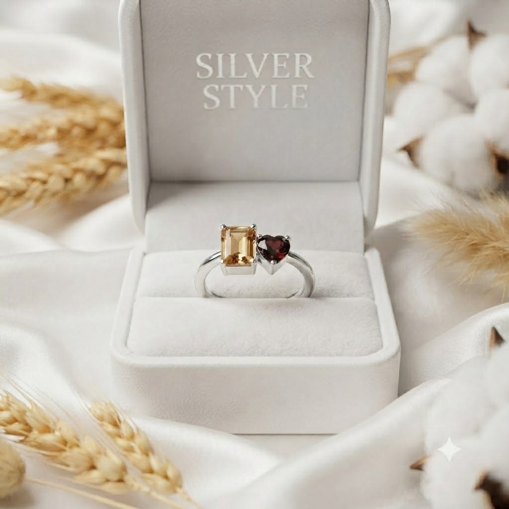 Twin Citrine and Garnet Ring 925 Sterling Silver Jewelry