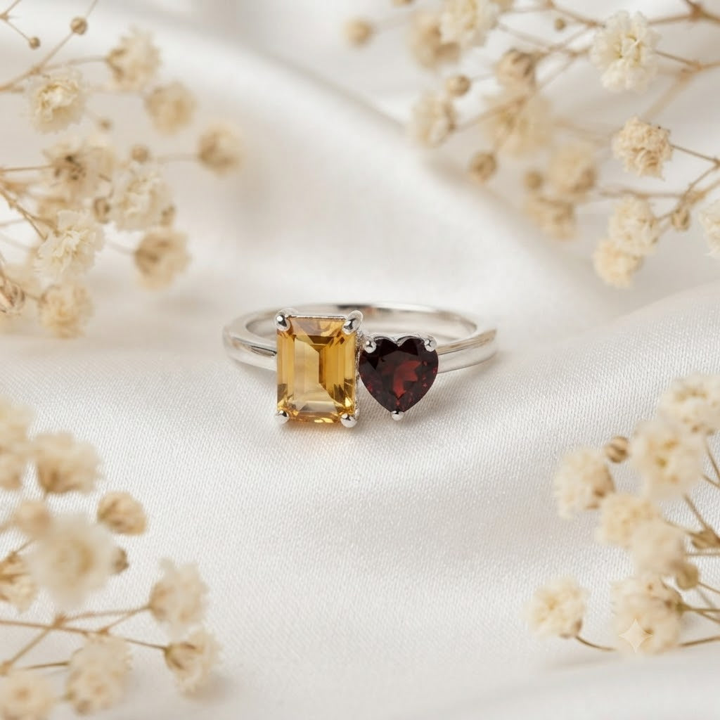 Twin Citrine and Garnet Ring 925 Sterling Silver Jewelry