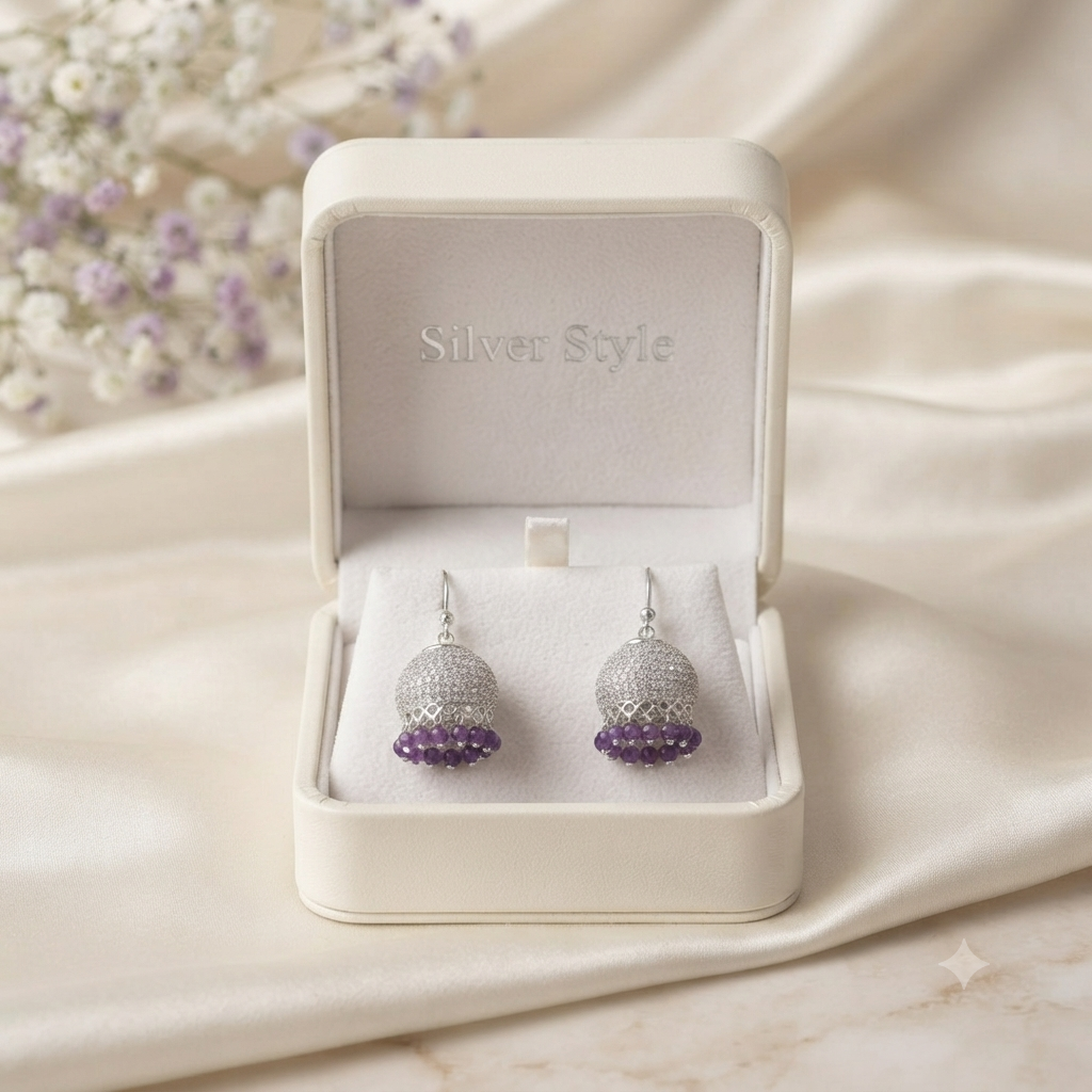 Handcrafted amethyst and silver jhumka earrings